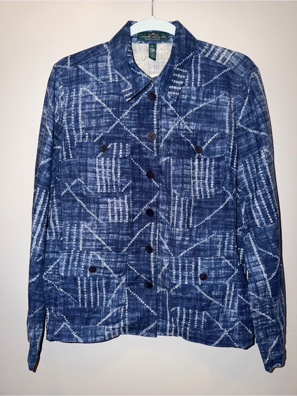 Lauren Ralph Lauren Geometric Print Linen-Blend Utility Jacket Blue/White